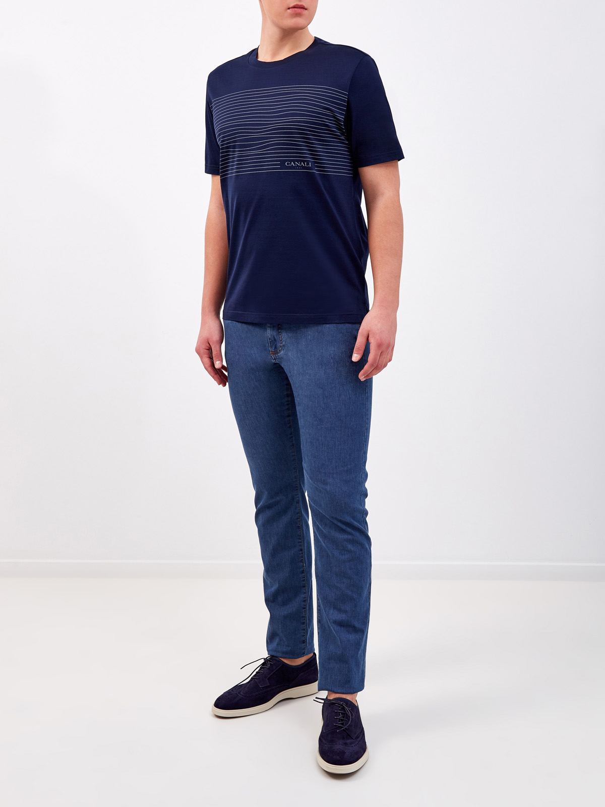 Хлопковая футболка с асимметричным принтом-аппликацией CANALI, цвет синий, размер 52;54;56;58;60;50 - фото 2