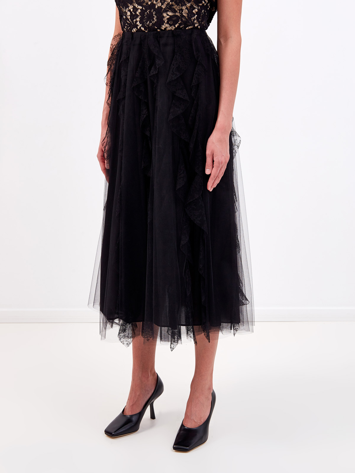 Многослойная юбка-плиссе с кружевным декором VALENTINO, цвет черный, размер 40;42;38 - фото 3