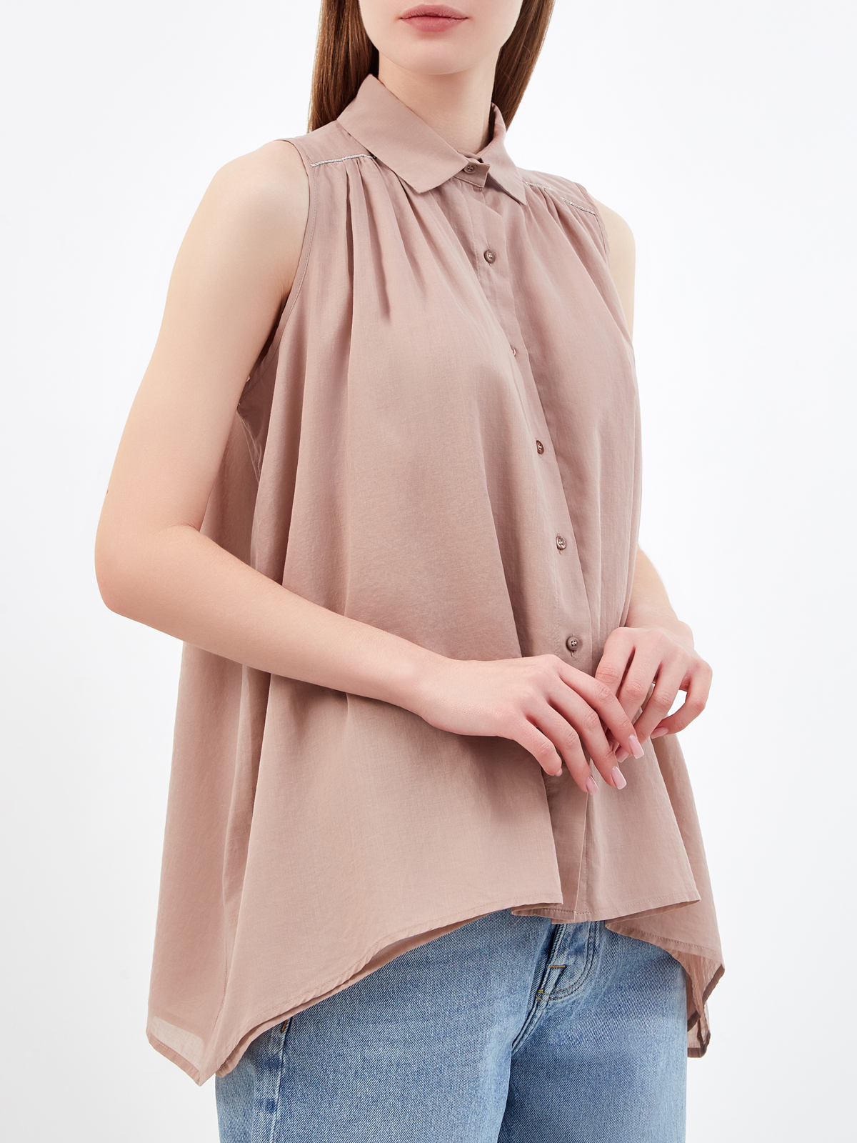 Асимметричная блуза без рукавов из тонкого хлопка PESERICO, цвет бежевый, размер 40;42;44;46;38 - фото 3