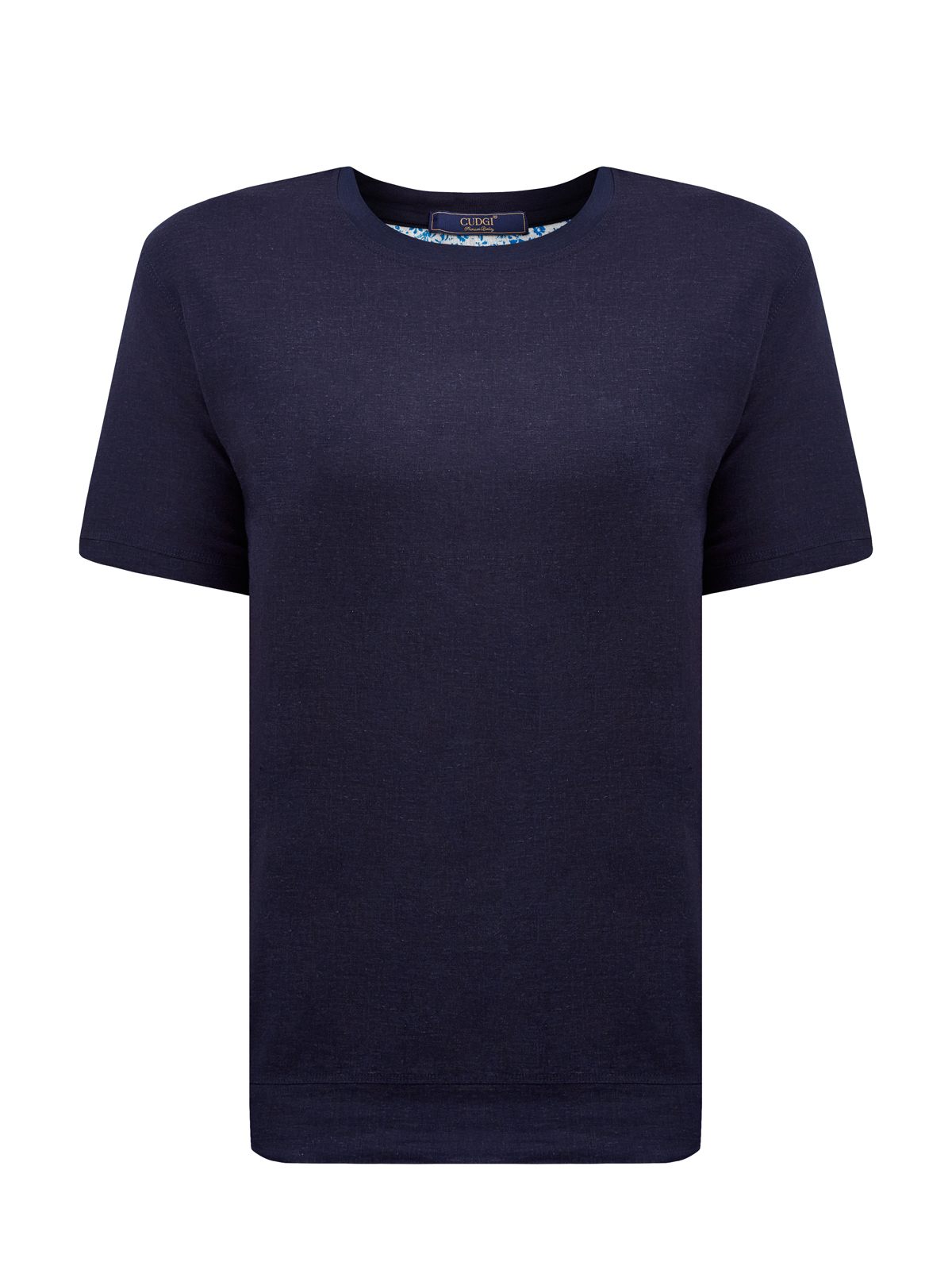 Комбинированная льняная футболка с воротом в рубчик CUDGI, цвет синий, размер 50;52;54;56;48 - фото 1