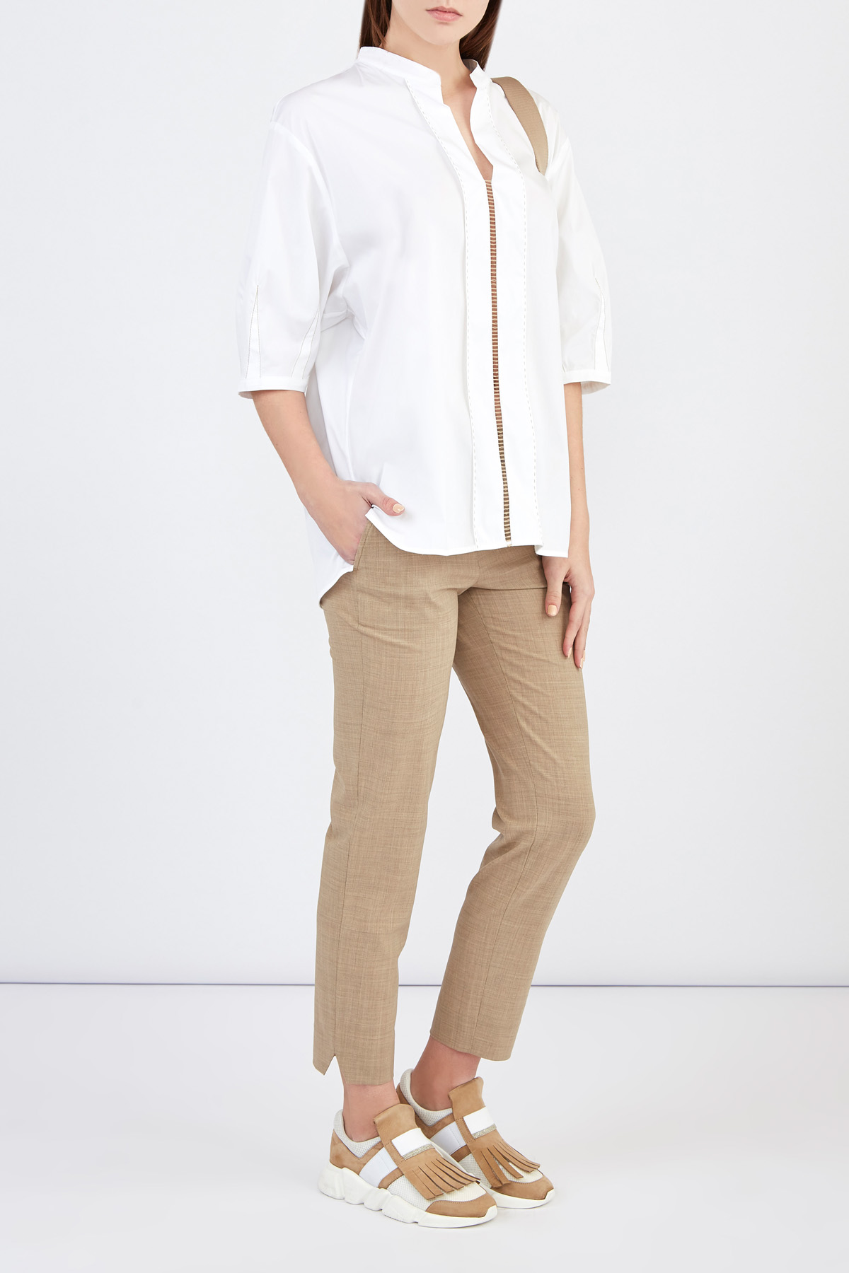 Блуза из хлопка с оригинальной прострочкой контрастной нитью LORENA ANTONIAZZI, цвет белый, размер 46 - фото 2