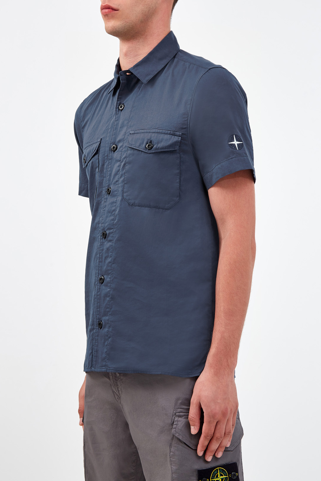Рубашка с короткими рукавами из двухслойного хлопкового муслина STONE ISLAND, цвет синий, размер 48;50;54;46 - фото 3