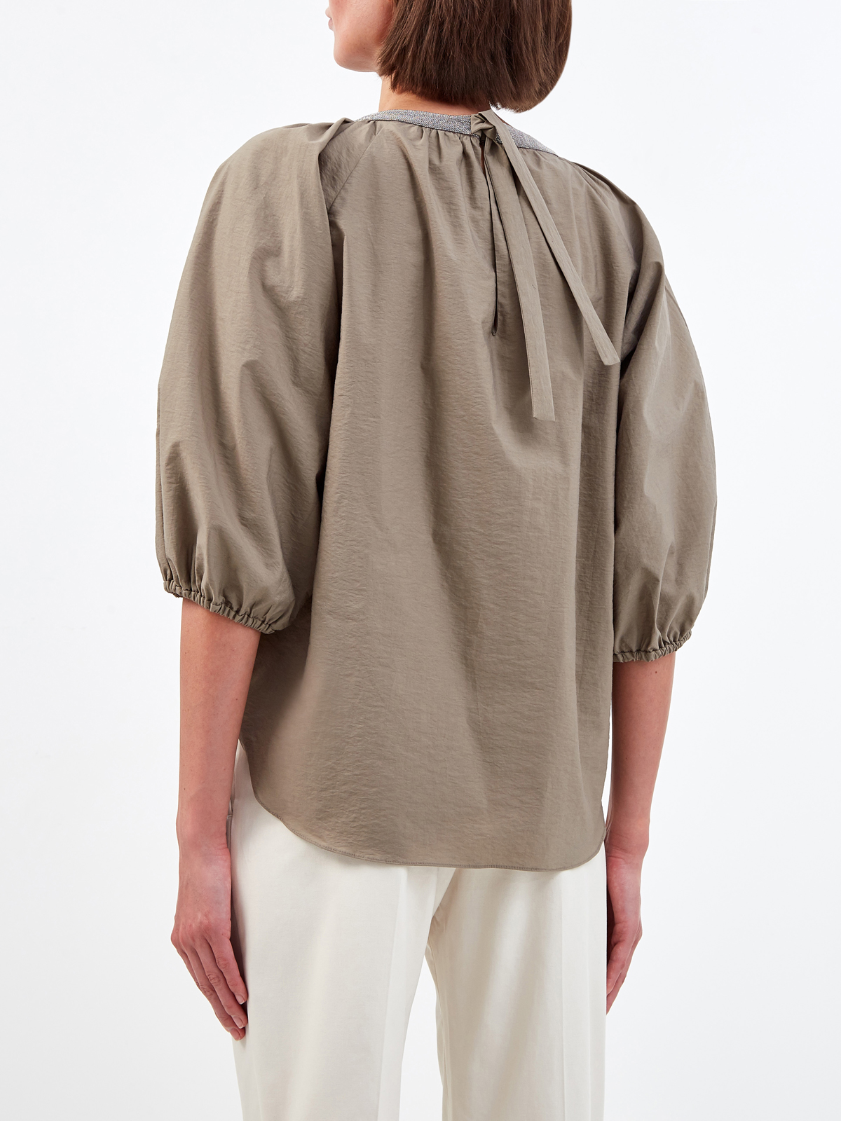 Блуза с мерцающим декором Мониль и архитектурными рукавами BRUNELLO CUCINELLI, цвет коричневый, размер 42;44;46;40 - фото 4