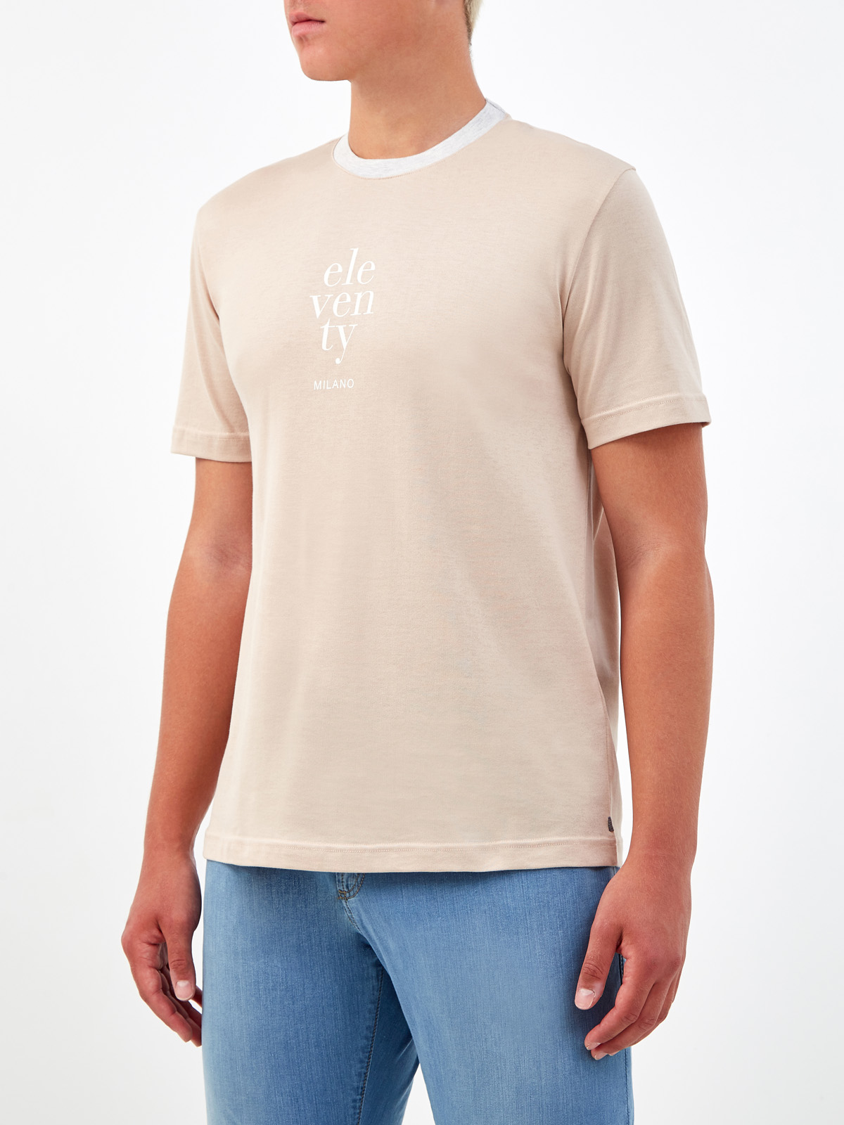 Хлопковая футболка с минималистичным принтом и окантовкой ELEVENTY, цвет бежевый, размер 48;50;52;56 - фото 3