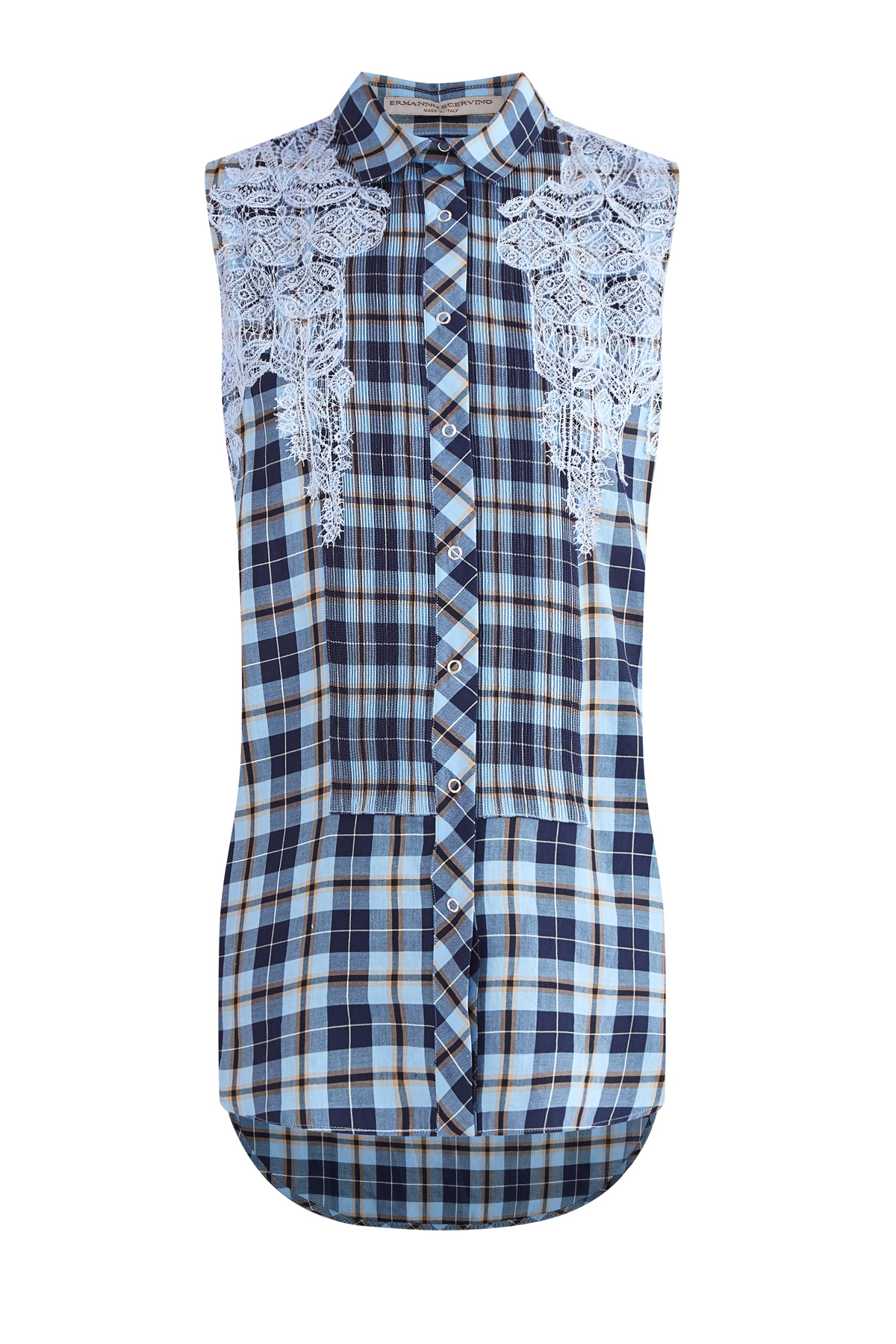 Рубашка асимметричного кроя с кружевом и манишкой в рубчик ERMANNO SCERVINO, цвет синий, размер 38;40;42 - фото 1