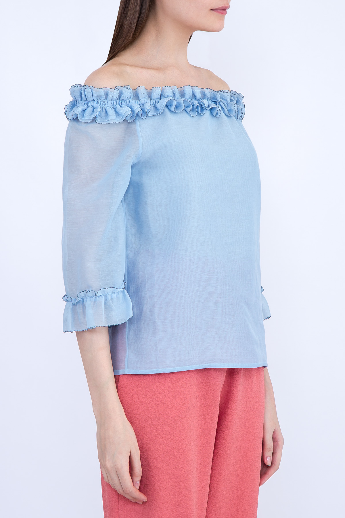 Легкая блузка с открытыми плечами и оборками на кромках BLUMARINE, цвет голубой, размер 40 - фото 3