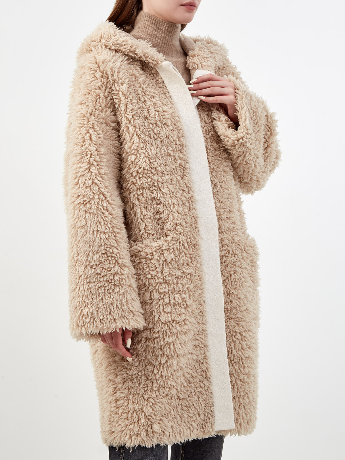Пальто-oversize из фактурной шерсти мериноса с капюшоном RE VERA, цвет бежевый, размер 44;46 - фото 3