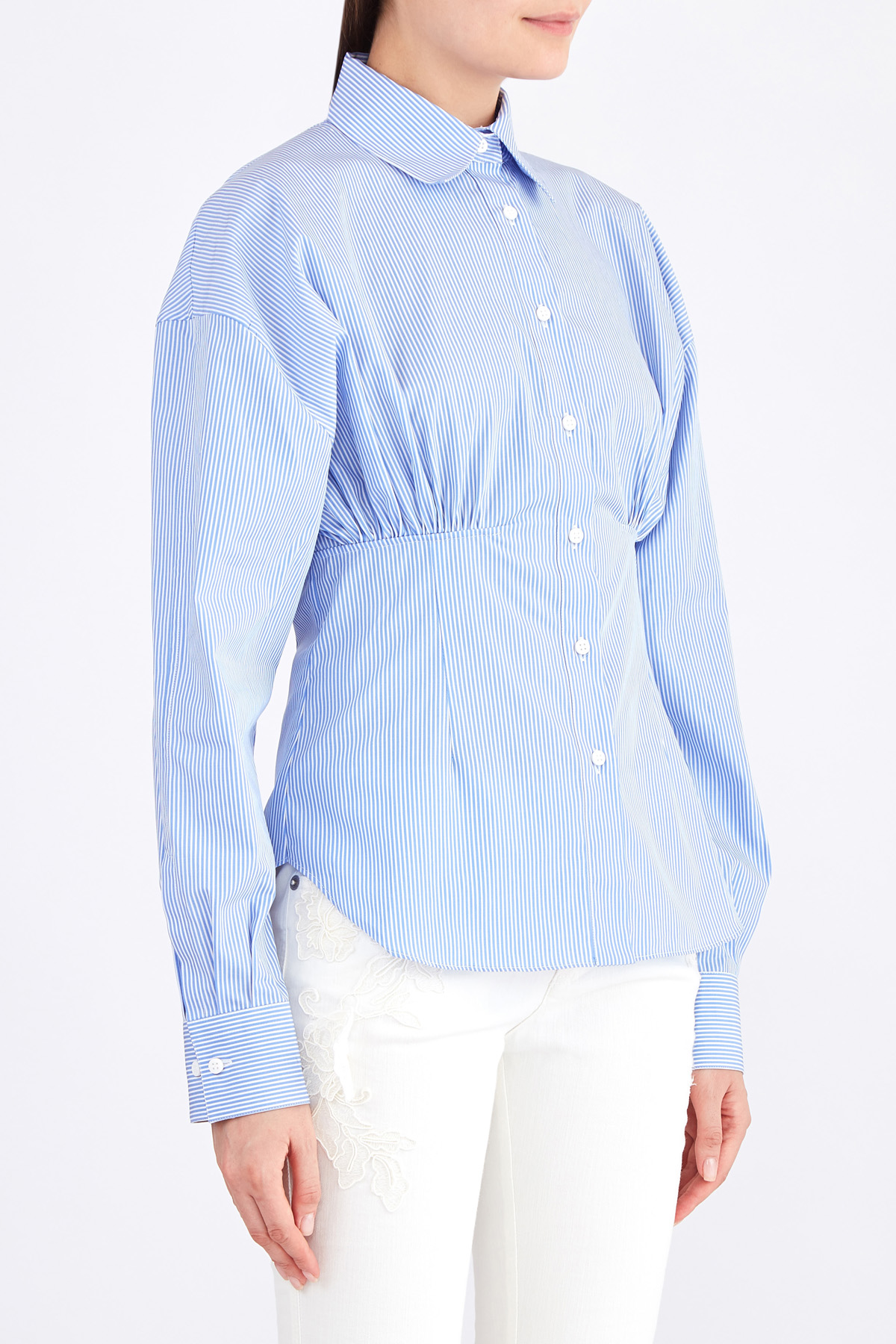 Рубашка в полоску с заложенными складками и спущенной линией плеч ERMANNO SCERVINO, цвет голубой, размер 40;42 - фото 3