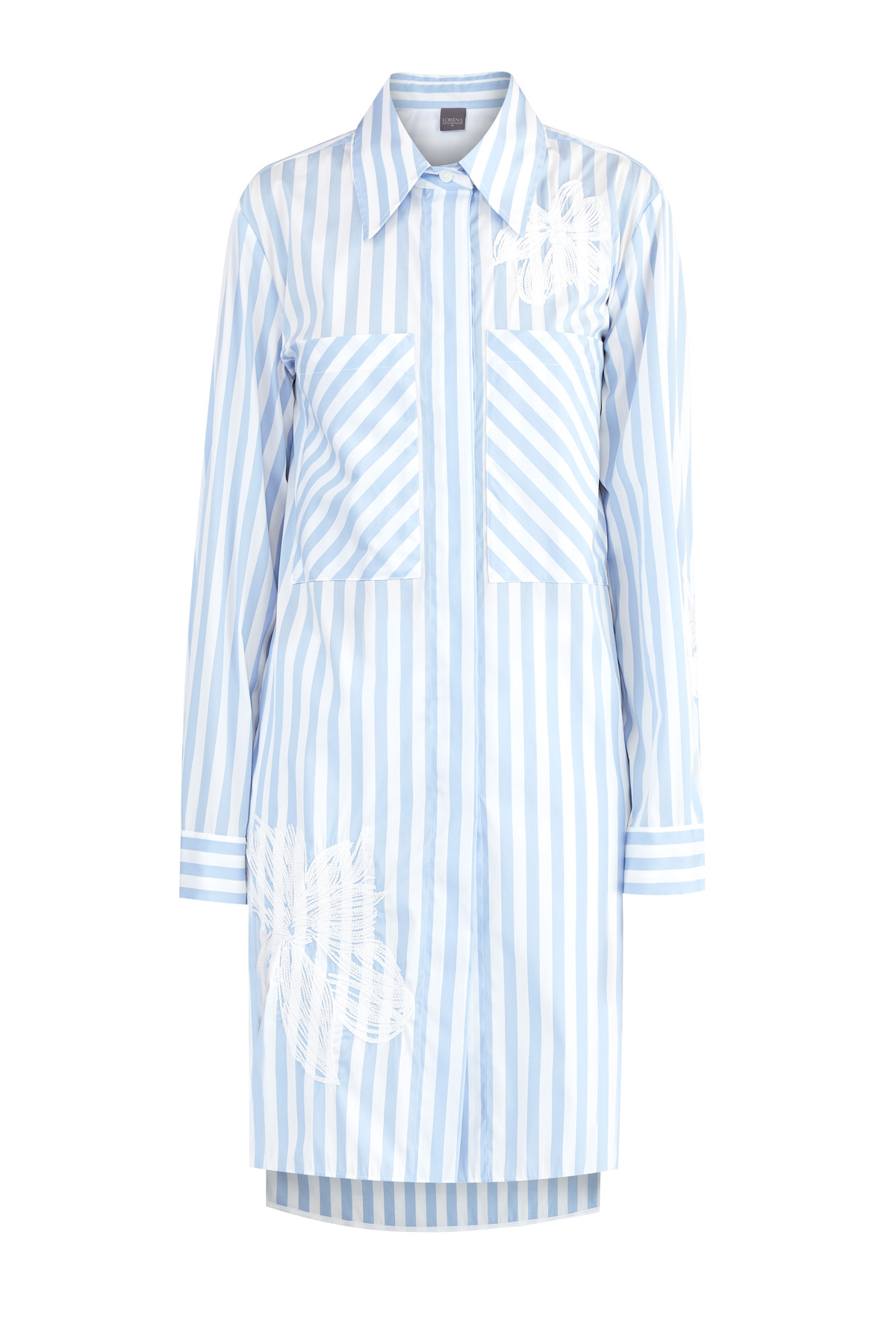 Рубашка удлиненного кроя с принтом в полоску и кружевной вышивкой LORENA ANTONIAZZI, цвет голубой, размер 40;38 - фото 1