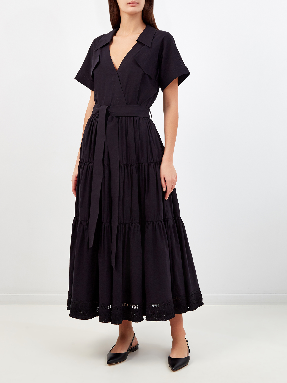 Платье из хлопка с объемным подолом и ажурной бахромой RE VERA, цвет черный, размер 44;46;42 - фото 2