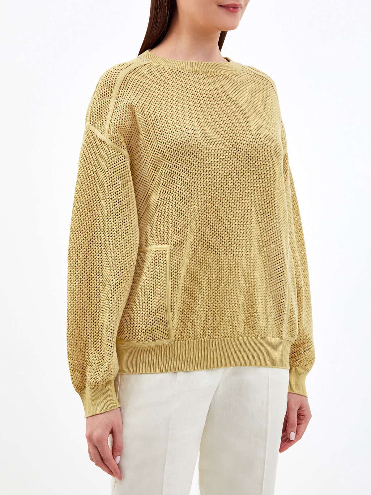 Пуловер из хлопковой пряжи узорной вязки с ювелирной цепочкой Мониль BRUNELLO CUCINELLI, цвет желтый, размер 44;42 - фото 3