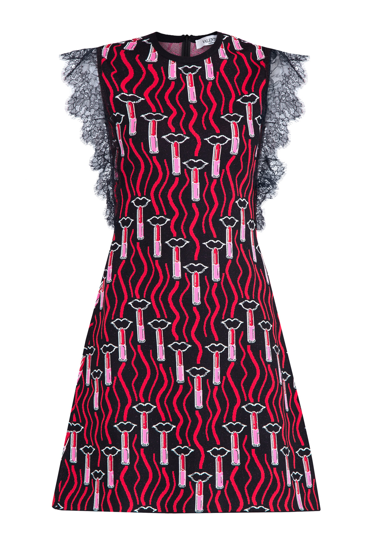 Приталенное трикотажное платье с принтом Lipstick Waves и кружевом VALENTINO, цвет мульти, размер 40 - фото 1