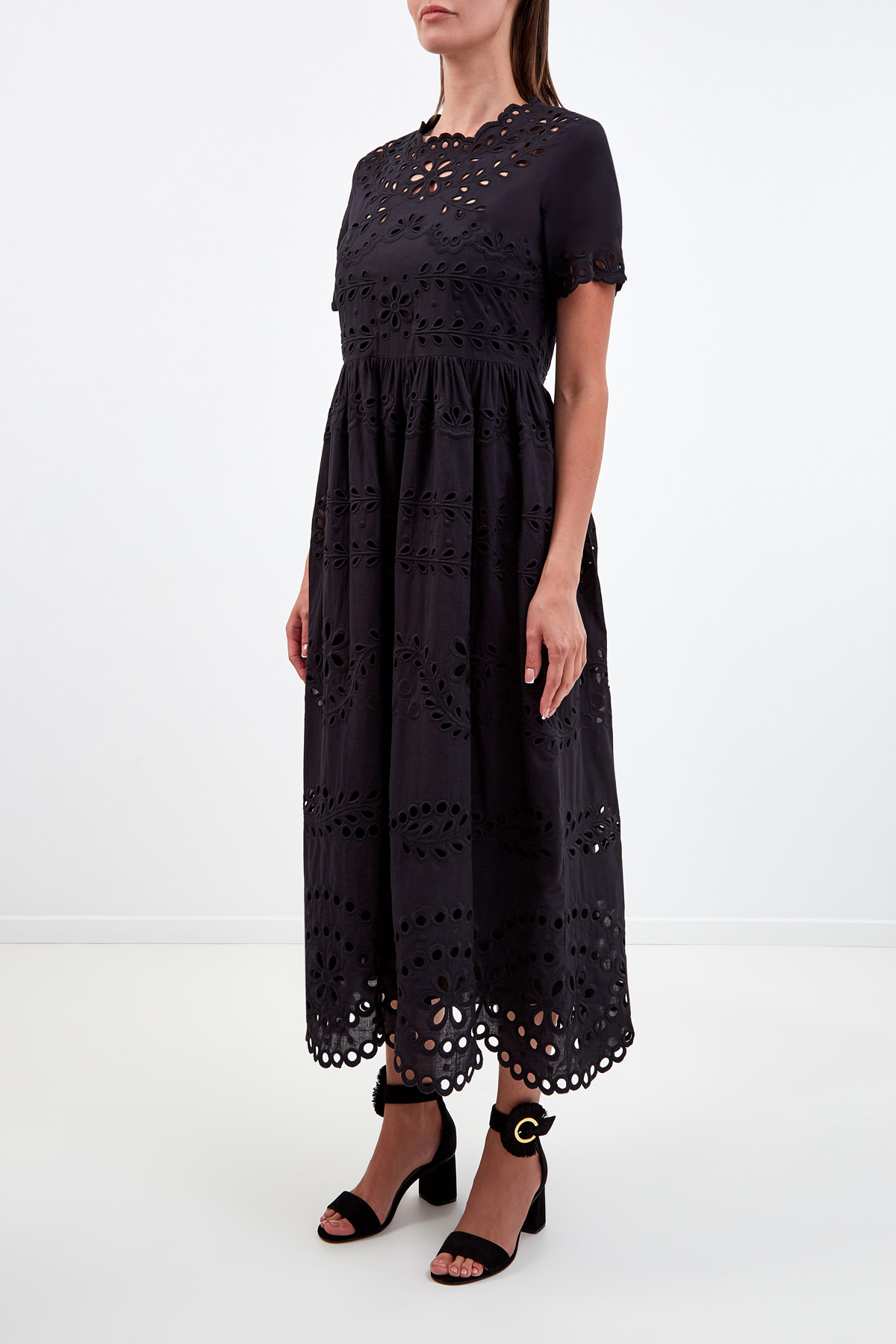 Платье-макси из плотного нейлона с кружевной английской вышивкой REDVALENTINO, цвет черный, размер L;M - фото 3