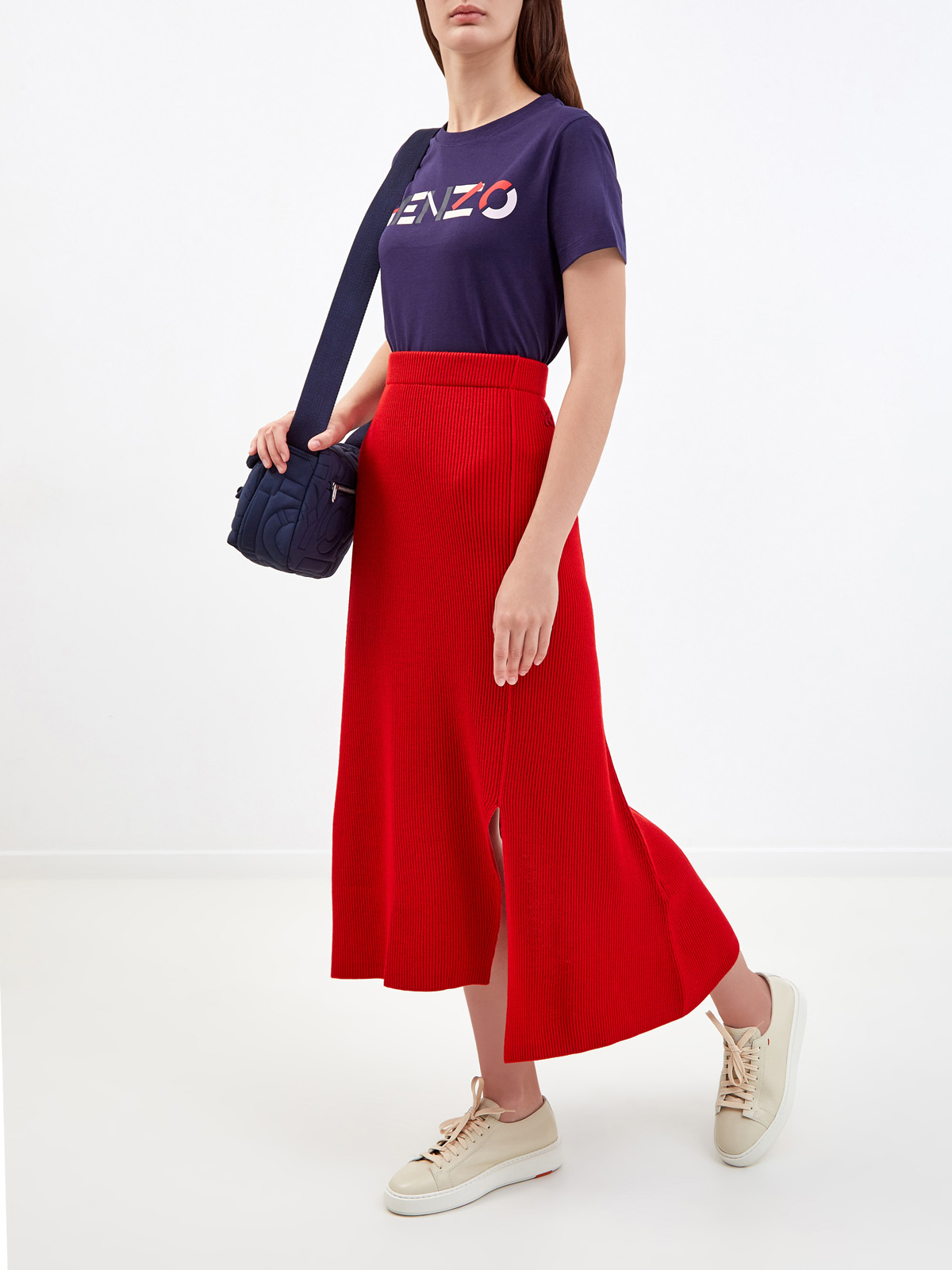Яркая юбка-миди из пряжи в тонкий рубчик KENZO, цвет красный, размер S;M - фото 2