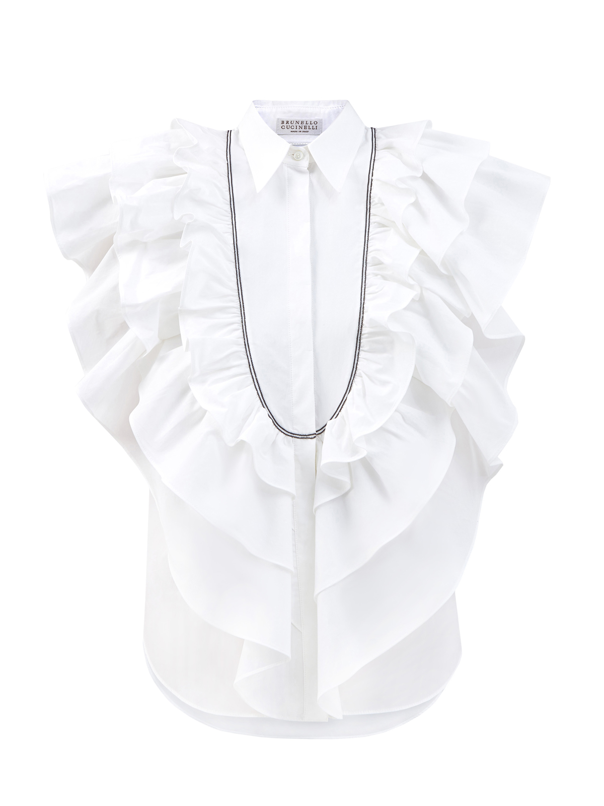 Хлопковая рубашка с вышивкой ручной работы и оборками BRUNELLO CUCINELLI, цвет белый, размер 40 - фото 1