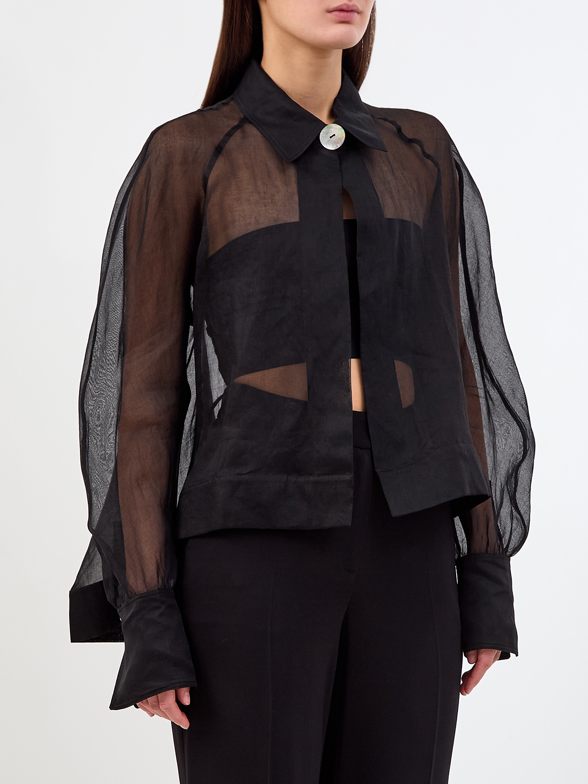 Полупрозрачная блуза из хлопкового шифона с перламутровой пуговицей GENTRYPORTOFINO, цвет черный, размер 40;44 - фото 3