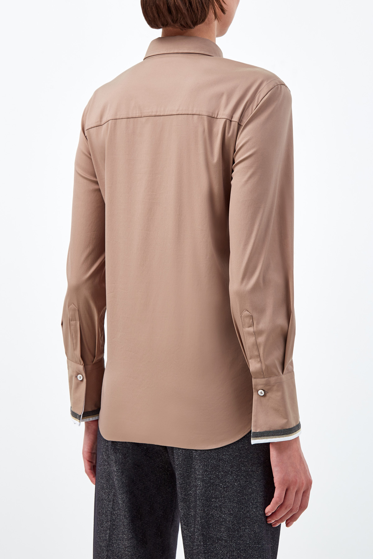 Хлопковая рубашка с вышивкой на манжетах BRUNELLO CUCINELLI, цвет коричневый, размер 40;44 - фото 3