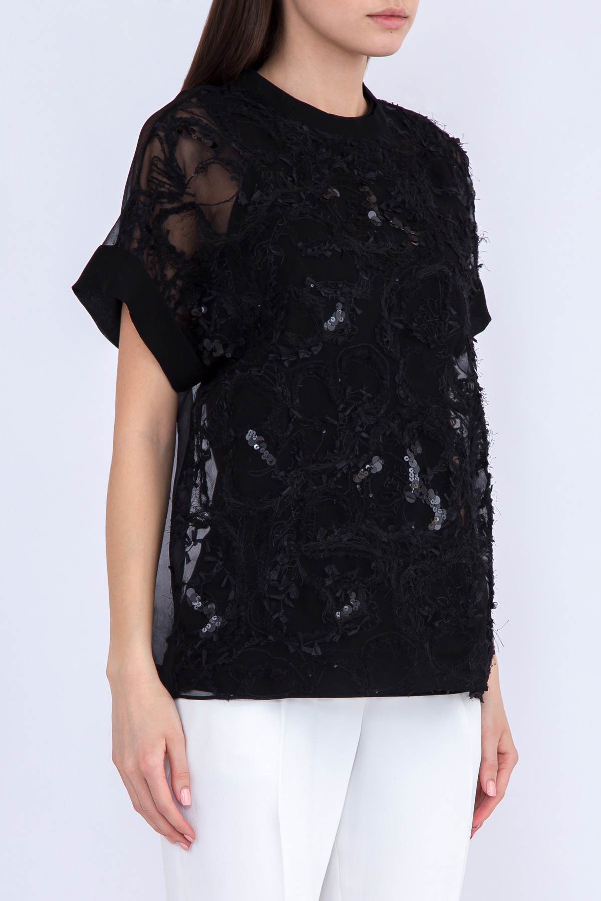 Блузка Dazzling Floral Embroidery из жатого шелкового шифона BRUNELLO CUCINELLI, цвет черный, размер 40;42 - фото 3