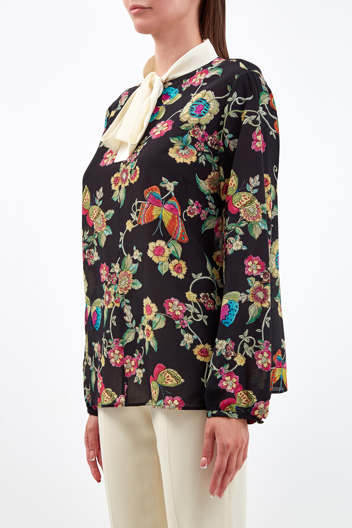 Шелковая блуза из крепдешина с принтом Flower and Butterflies REDVALENTINO, цвет черный, размер M;XL;2XL - фото 3