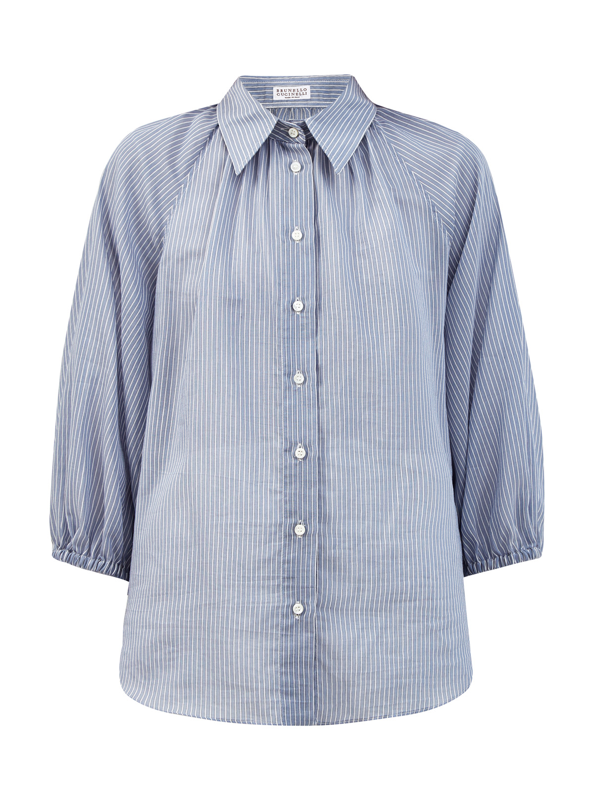 Рубашка из тонкой органзы Shadow Stripe с цепочкой на спинке BRUNELLO CUCINELLI, цвет синий, размер 42