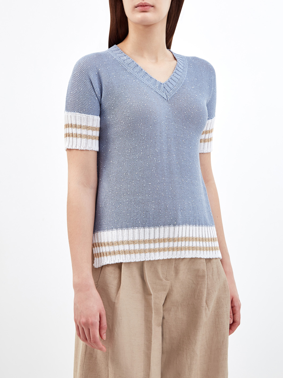 Пуловер из хлопковой пряжи с мерцающими пайетками LORENA ANTONIAZZI, цвет голубой, размер 44;46;40 - фото 3