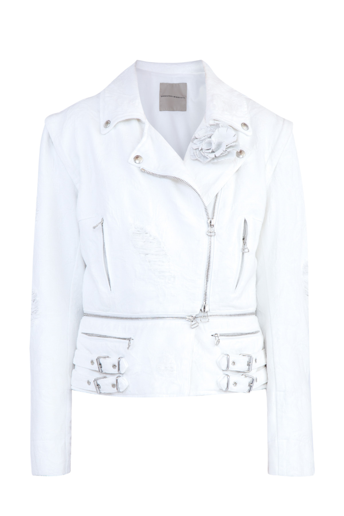 Хлопковая байкерская куртка-трансформер с брошью ERMANNO SCERVINO, цвет белый, размер 44;46 - фото 1