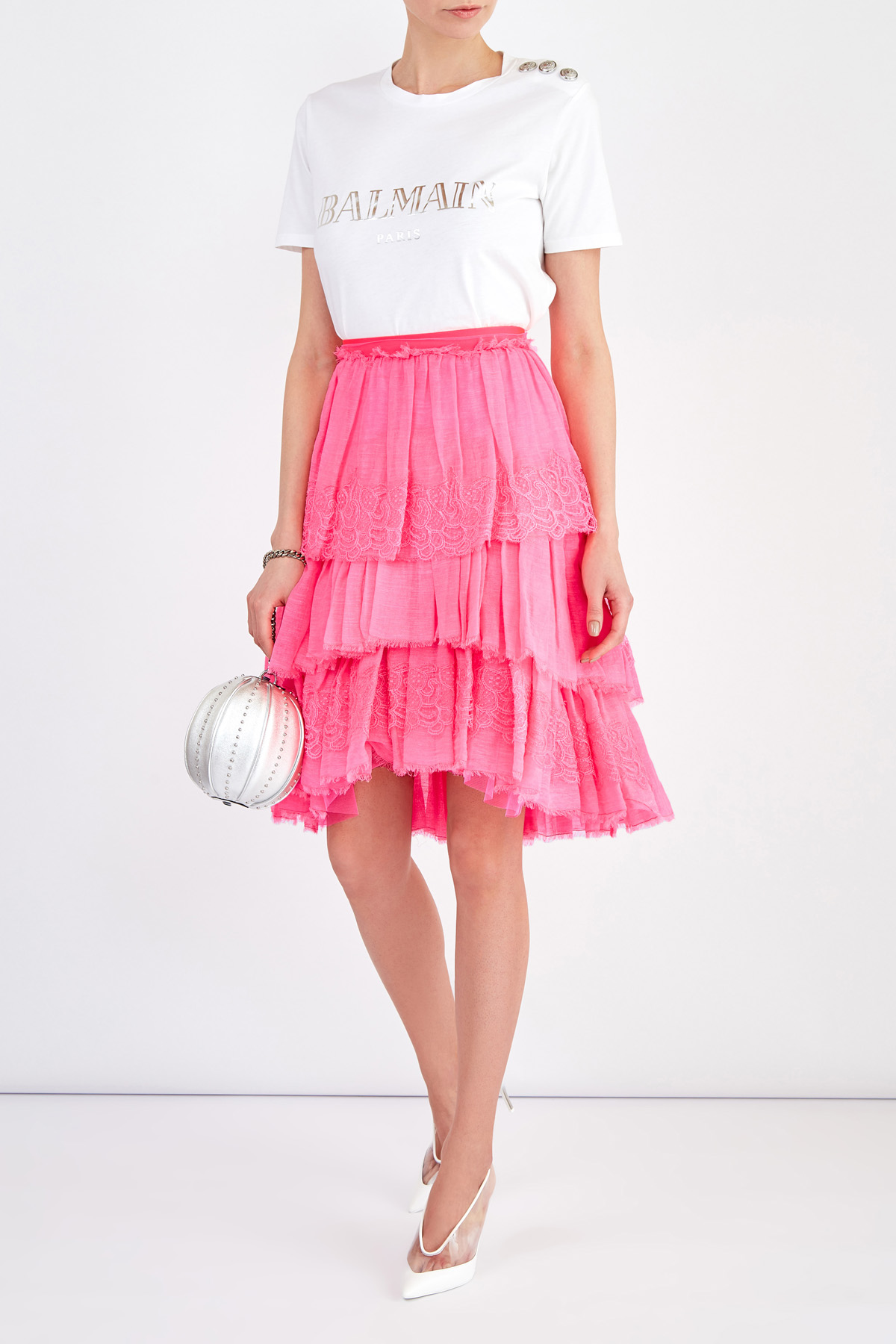 Ярусная юбка из хлопка и льна с отделкой кружевом ручной работы ERMANNO SCERVINO, цвет розовый, размер 40;42 - фото 2