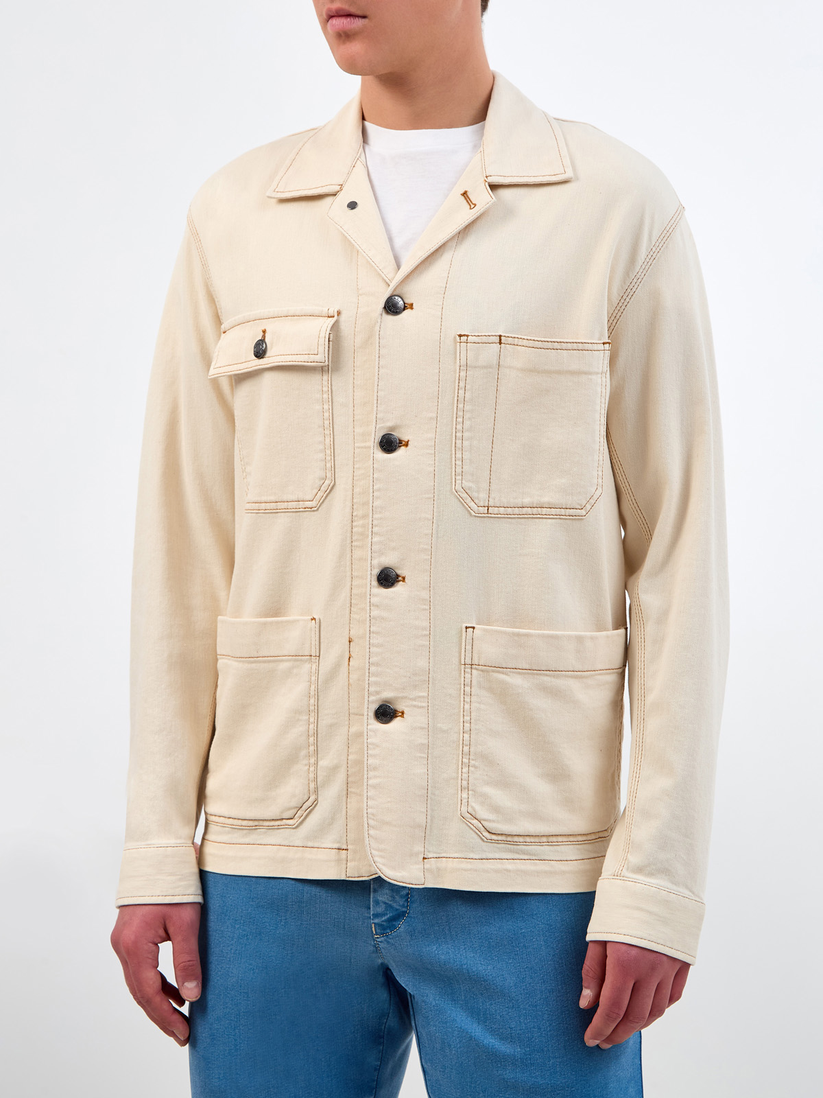 Куртка из хлопка и льна с накладными карманами и прострочкой CANALI, цвет бежевый, размер 48;50;52 - фото 3