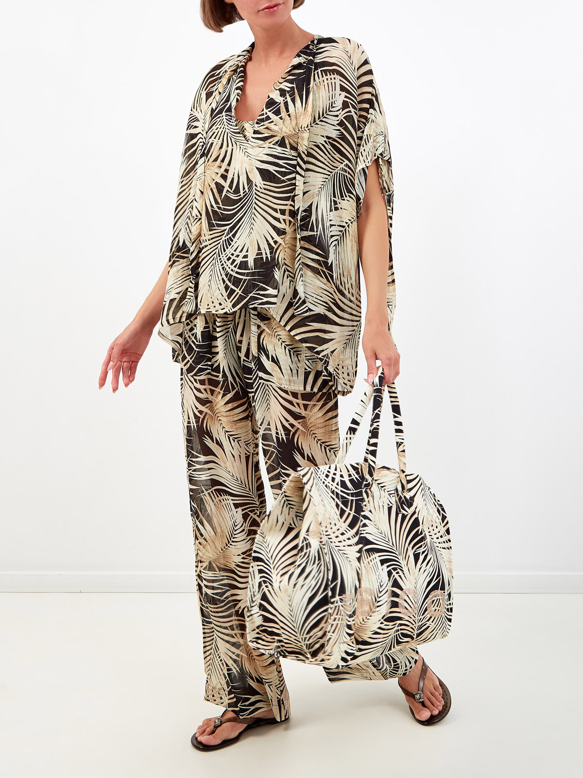 Легкая блуза из вискозы и шелка с тропическим принтом FISICO, цвет бежевый, размер M;XL;S - фото 2
