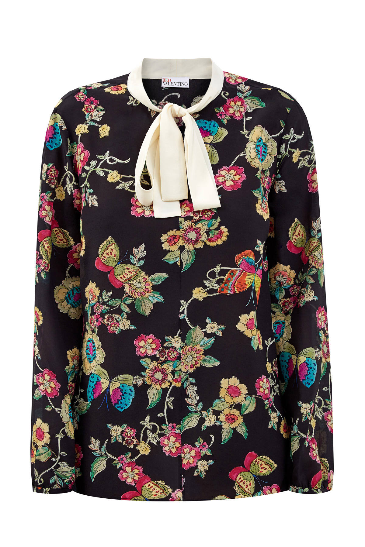 Шелковая блуза из крепдешина с принтом Flower and Butterflies REDVALENTINO, цвет черный, размер M;XL;2XL - фото 1