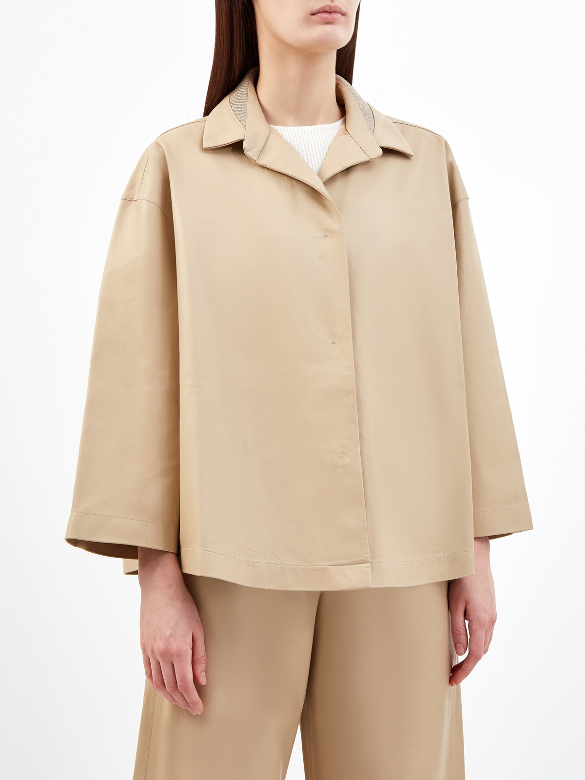 Куртка из мягкой кожи наппа с трикотажной отделкой ламе LORENA ANTONIAZZI, цвет бежевый, размер 42 - фото 3