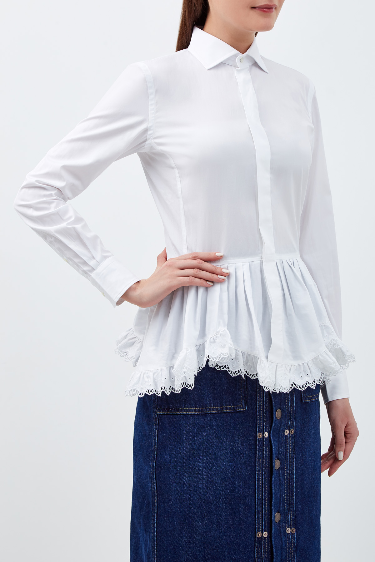 Блуза из хлопка с баской и кружевом POLO RALPH LAUREN, цвет белый, размер S;M;L;3XS - фото 3