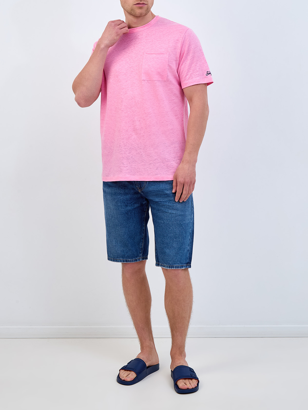 Футболка из меланжевой льняной ткани с карманом и вышивкой MC2 SAINT BARTH, цвет розовый, размер M;L;XL;2XL - фото 2