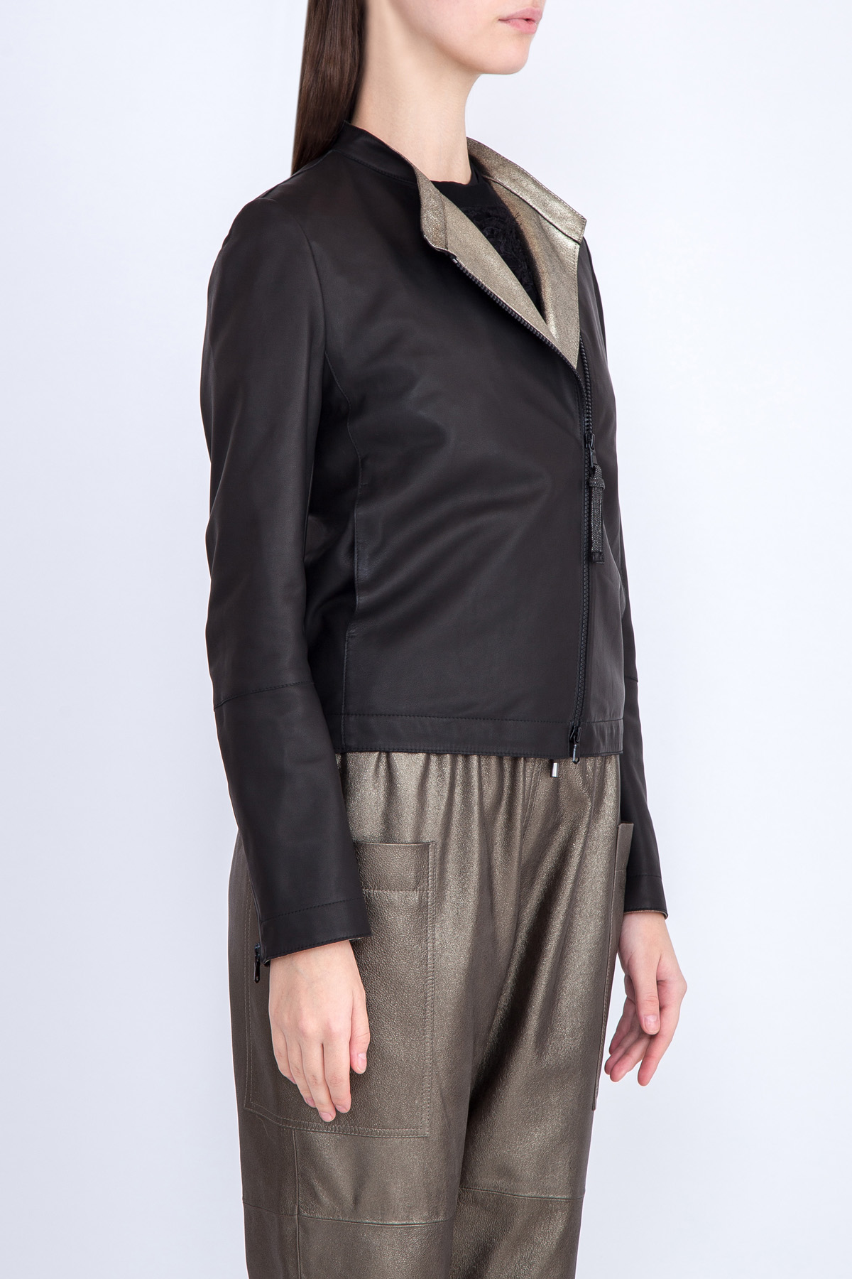 Куртка из кожи наппа Natural & Lamé с контрастной изнаночной стороной BRUNELLO CUCINELLI, цвет черный, размер 40 - фото 3