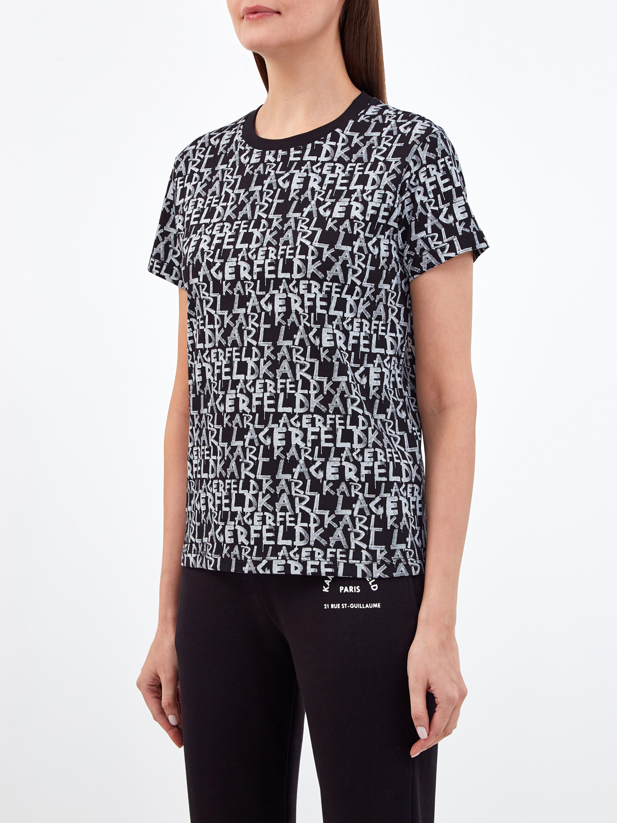 Хлопковая футболка с контрастным принтом в стиле леттеринг KARL LAGERFELD, цвет черный, размер XS;S;M;L - фото 3