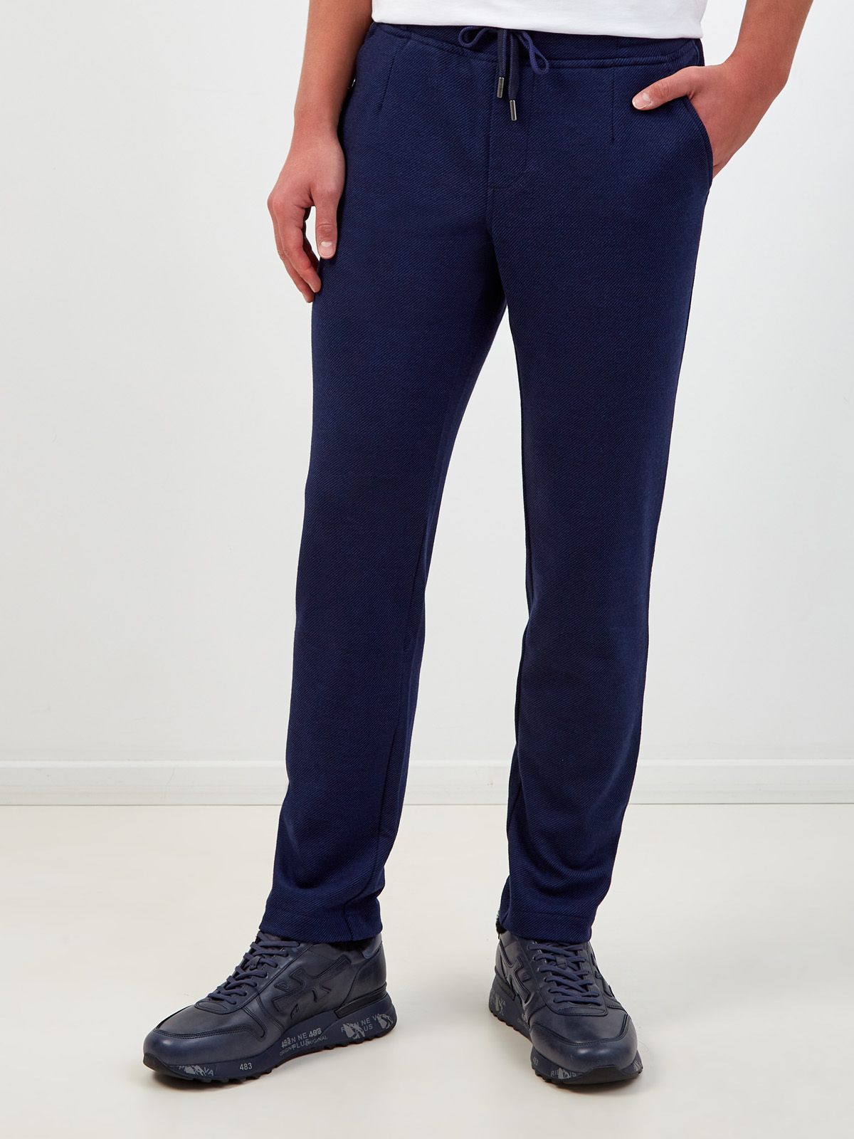 Спортивные брюки из шерсти и хлопка с поясом на кулиске CAPOBIANCO, цвет синий, размер 52;54;56 - фото 3