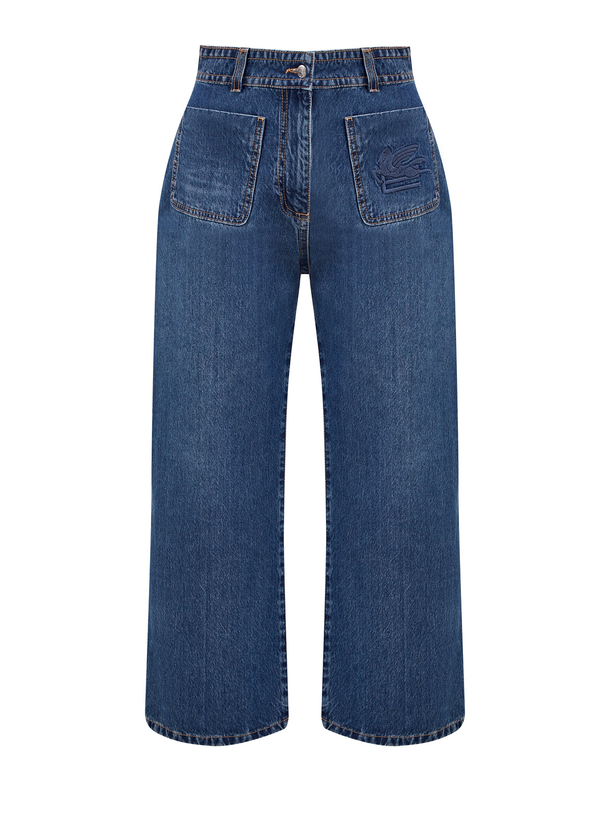 Укороченные джинсы с накладными карманами и вышитым логотипом ETRO синего цвета
