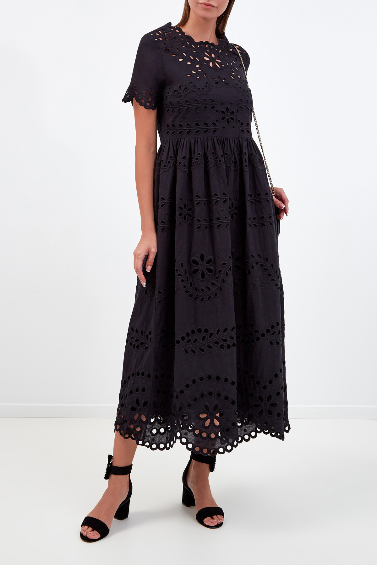 Платье-макси из плотного нейлона с кружевной английской вышивкой REDVALENTINO, цвет черный, размер L;M - фото 2