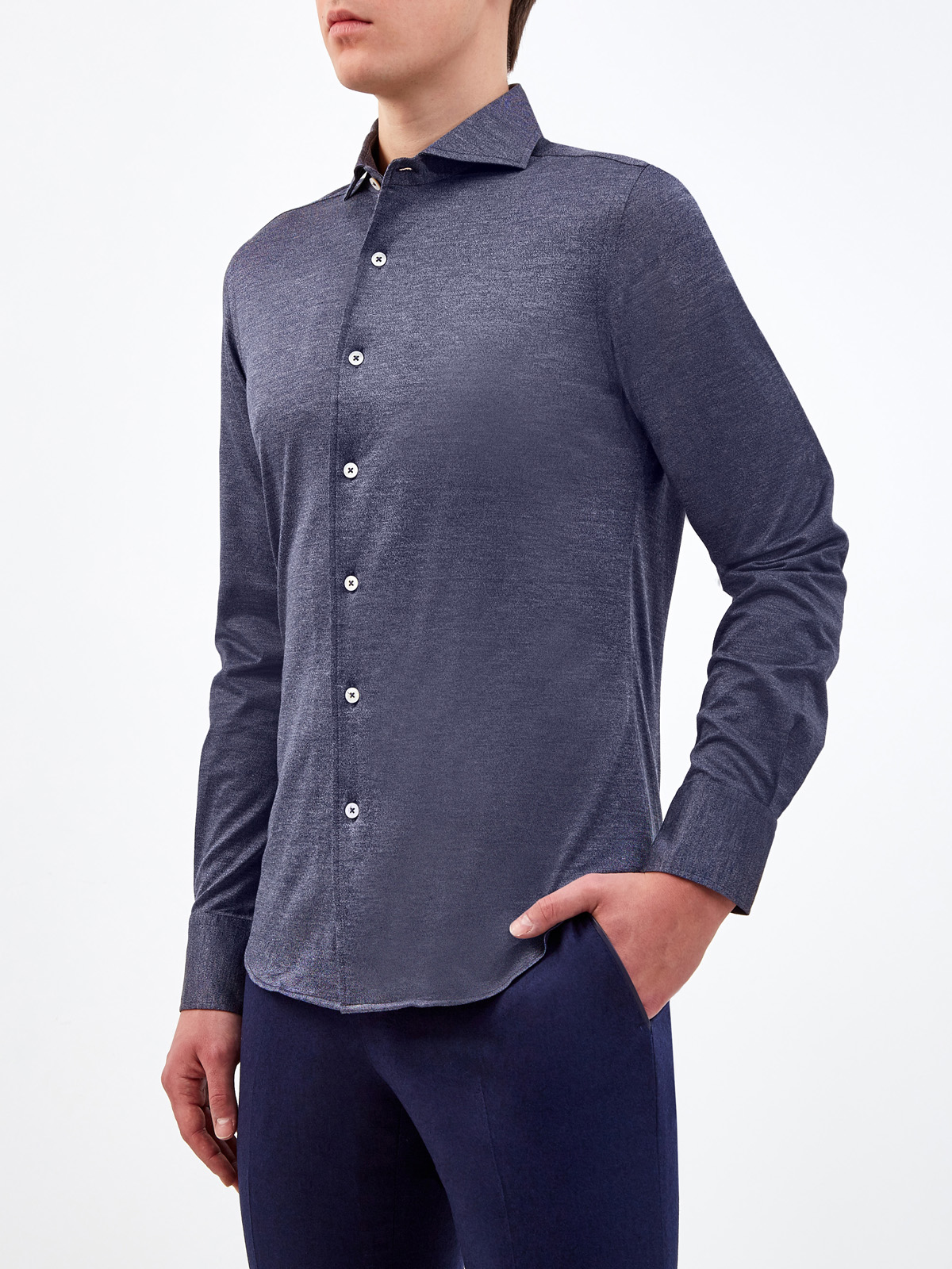 Рубашка из мерсеризованного хлопка с меланжевым эффектом CANALI, цвет серый, размер 48;50 - фото 3