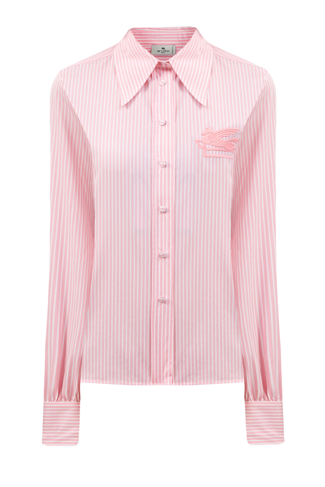 Рубашка из гладкого поплина в полоску с вышитым логотипом ETRO розового цвета