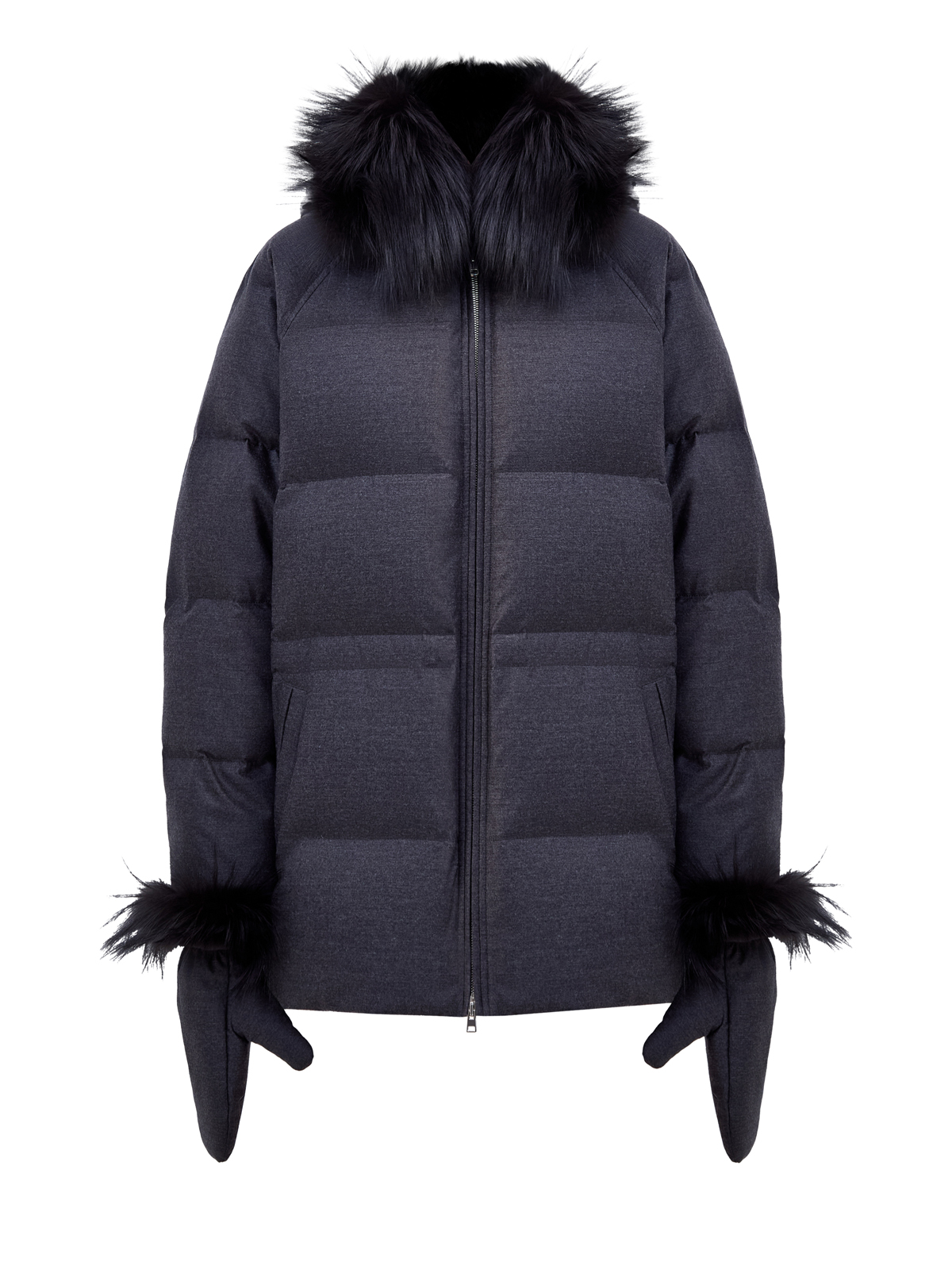 

Шерстяной пуховик с отделкой из меха лисы и варежками, Серый, Шерстяной пуховик с отделкой из меха лисы и варежками