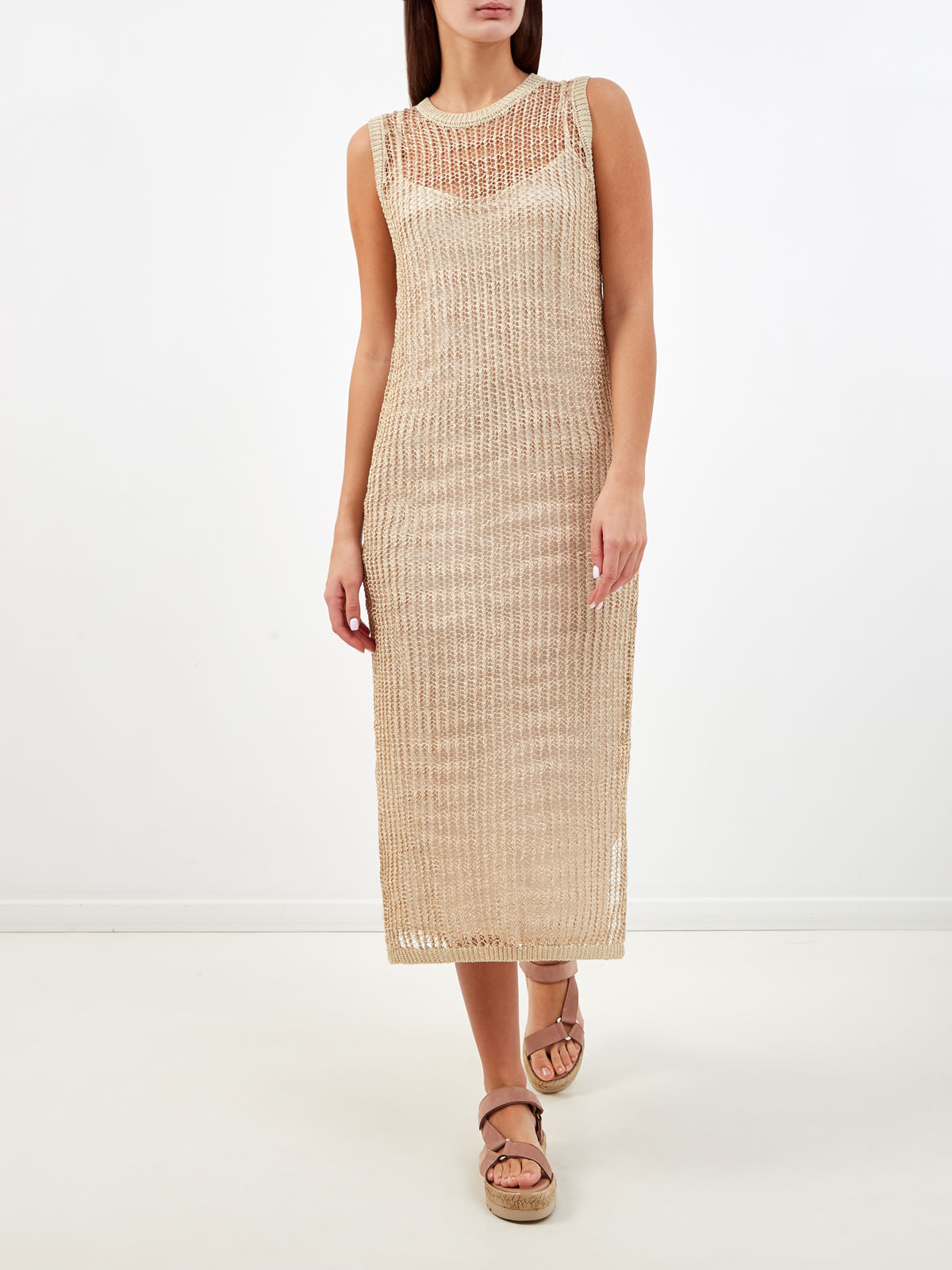 Платье-комбинация из льняной пряжи с нитью ламе PESERICO, цвет коричневый, размер 42;44;40 - фото 2
