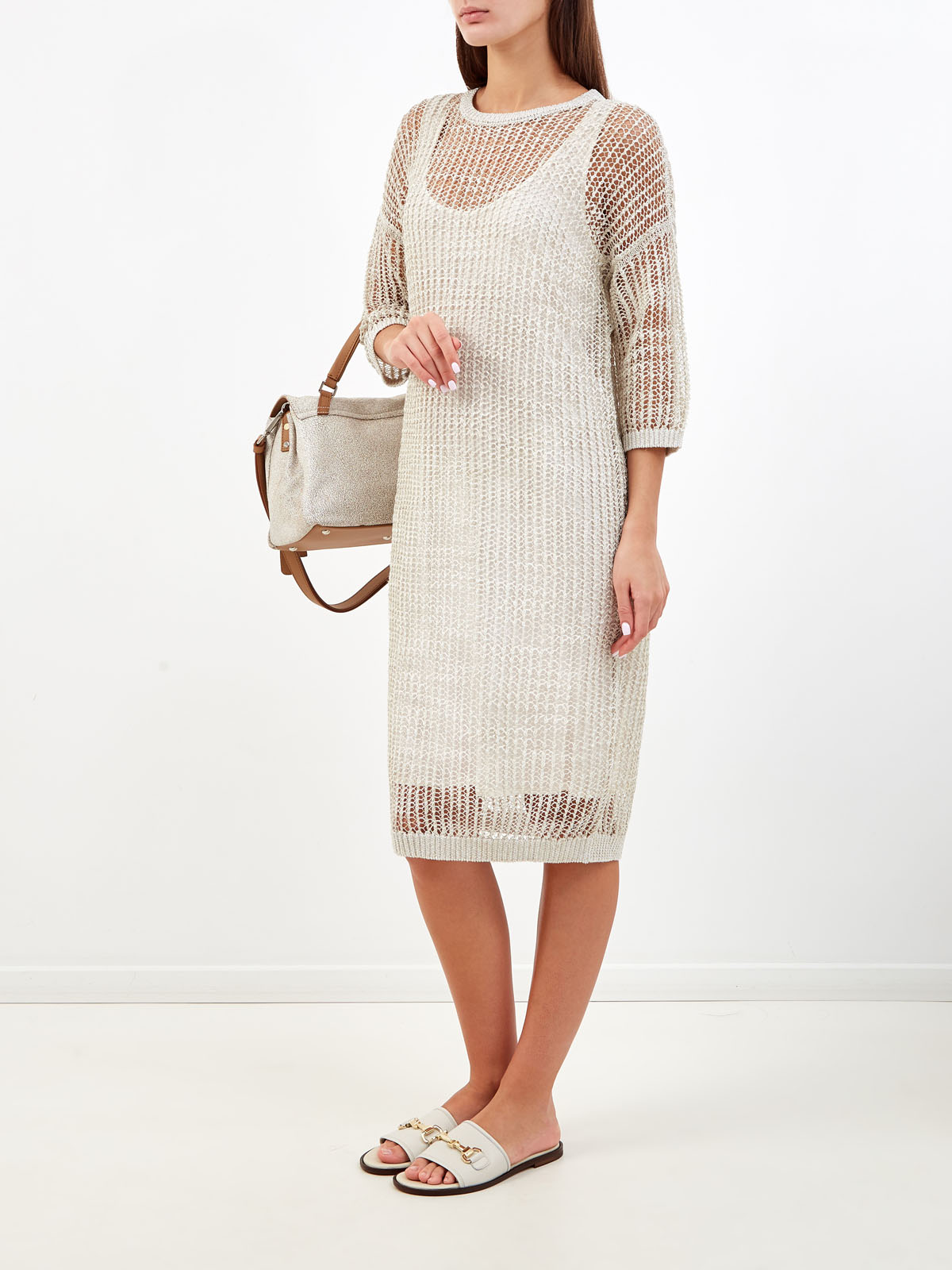 Льняное платье крупной вязки с металлизированной нитью ламе PESERICO, цвет бежевый, размер 44;42 - фото 2