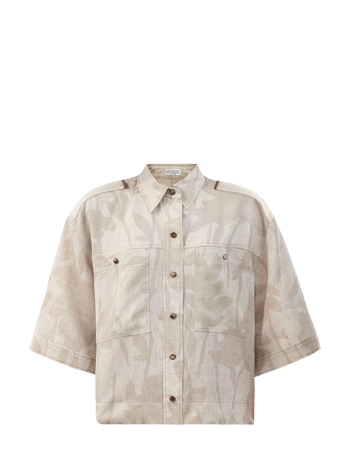 Льняная рубашка с принтом Ramage и цепочками Мониль BRUNELLO CUCINELLI, цвет бежевый, размер 40;42