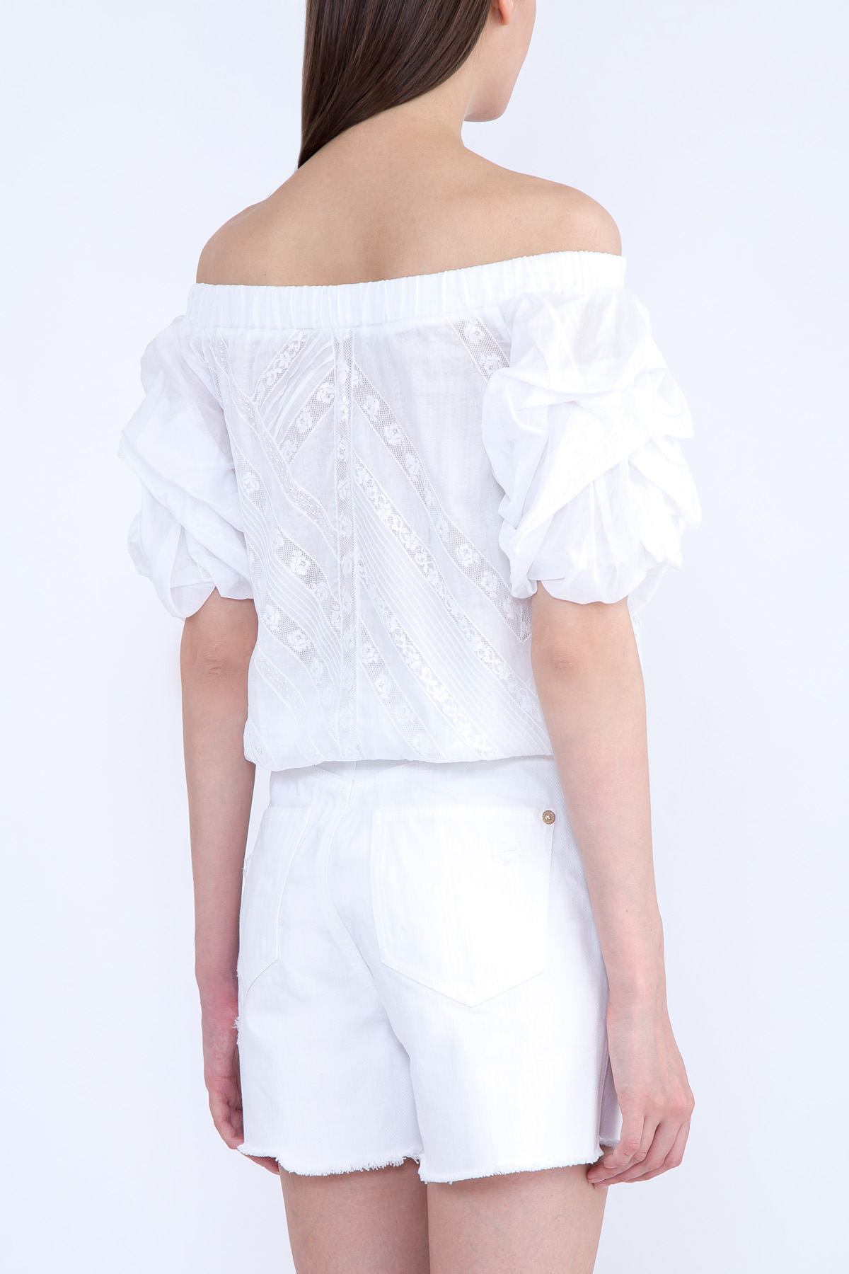 Блуза с открытой линией плеч и асимметричной кружевной отделкой ERMANNO SCERVINO, цвет белый, размер 38 - фото 4