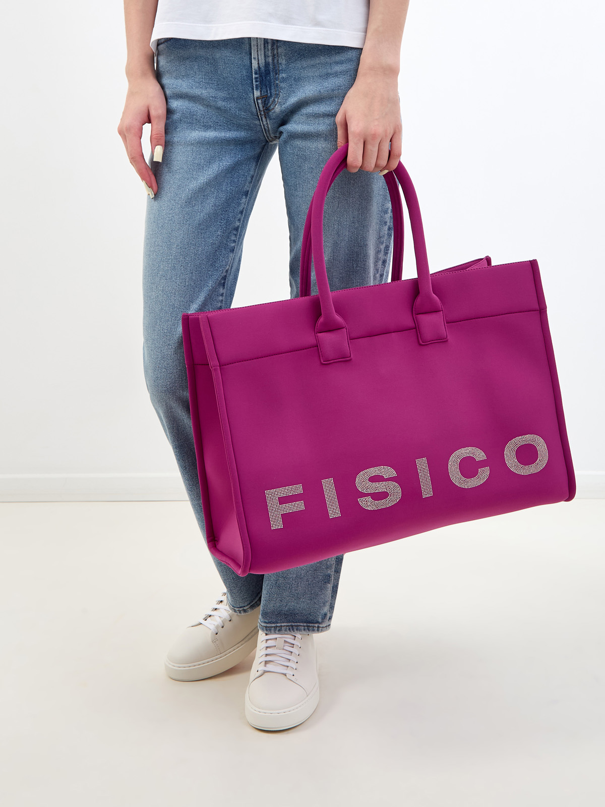 Мягкая сумка-шоппер с логотипом из мерцающих стразов FISICO, цвет фиолетовый, размер M - фото 2