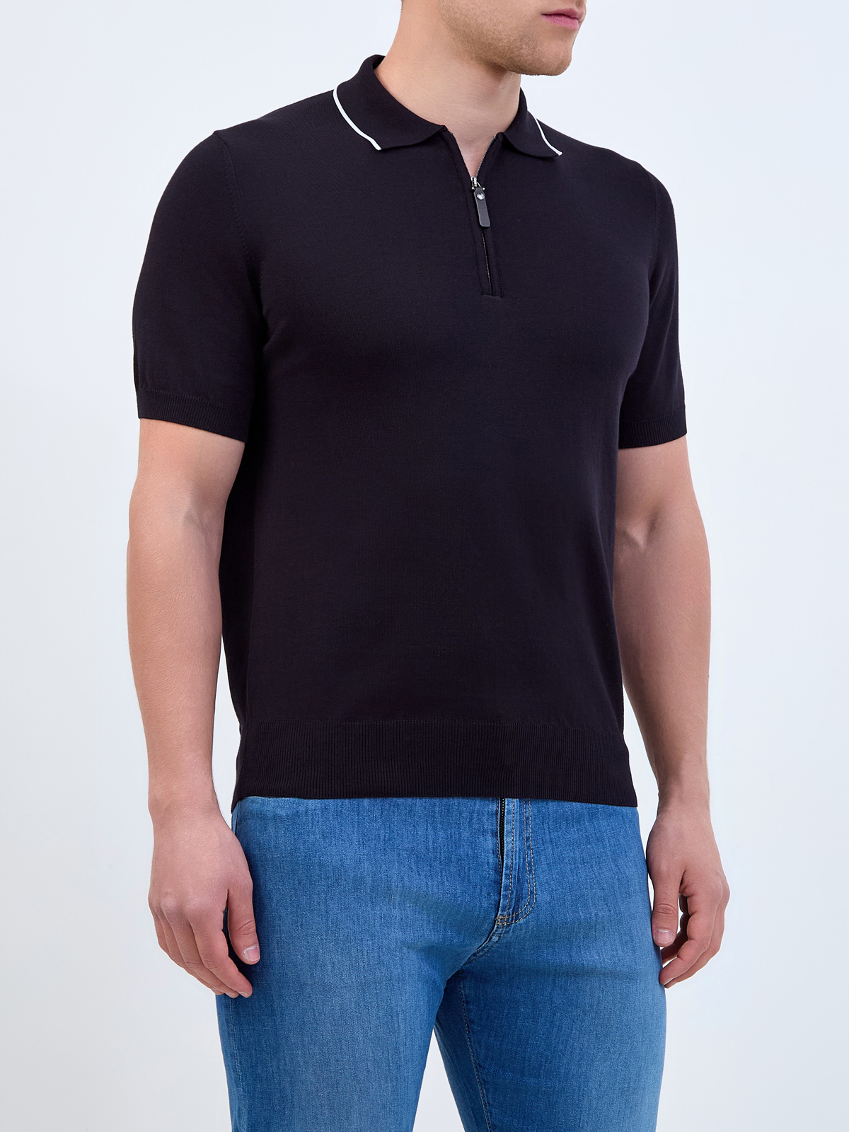 Джемпер-поло с контрастной окантовкой и кожаным пуллером CANALI, цвет черный, размер 50;52;54;56;58;60;62 - фото 3