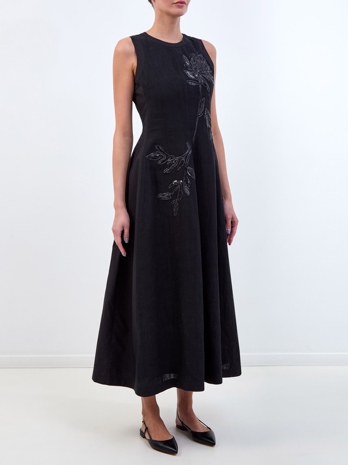 Платье из льняной и хлопковой ткани с блестящей вышивкой Magnolia BRUNELLO CUCINELLI, цвет черный, размер 42;44;46 - фото 3