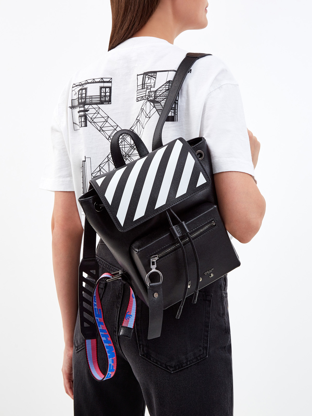 Кожаный рюкзак Diag с принтом в диагональную полоску OFF-WHITE, цвет черно-белый, размер 36;36.5;37.5;38;38.5;39;40 - фото 2