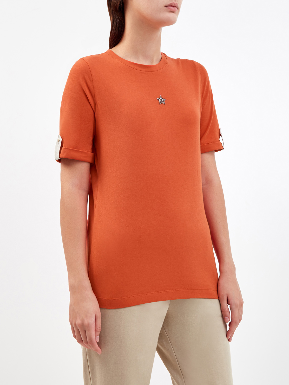 Яркая футболка из джерси с отворотами и декором Swarovski LORENA ANTONIAZZI, цвет оранжевый, размер 38;40;42;44;46 - фото 3